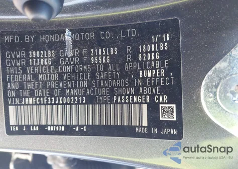 2018 Honda Civic Ex-T from USA, damaged, VIN JHMFC1F33JX002213